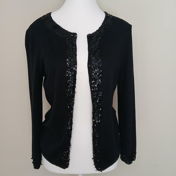 Club Monaco Sequin Silk & Cotton Long Sleeve Cardigan Black Size Medium - Picture 2 of 8